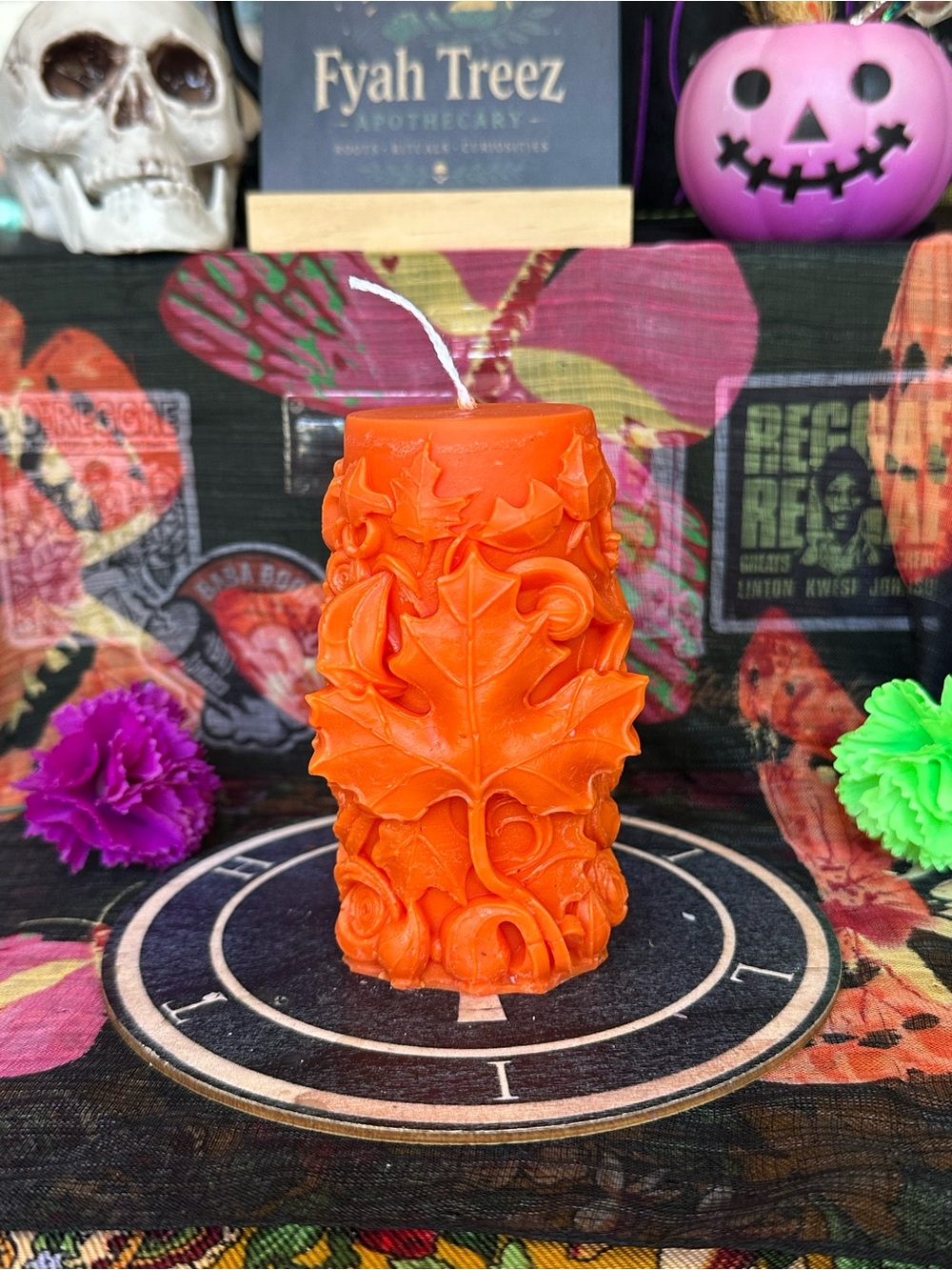 Handmade Orange Autumn Leaves Pillar Candle – Fall Botanical Candle